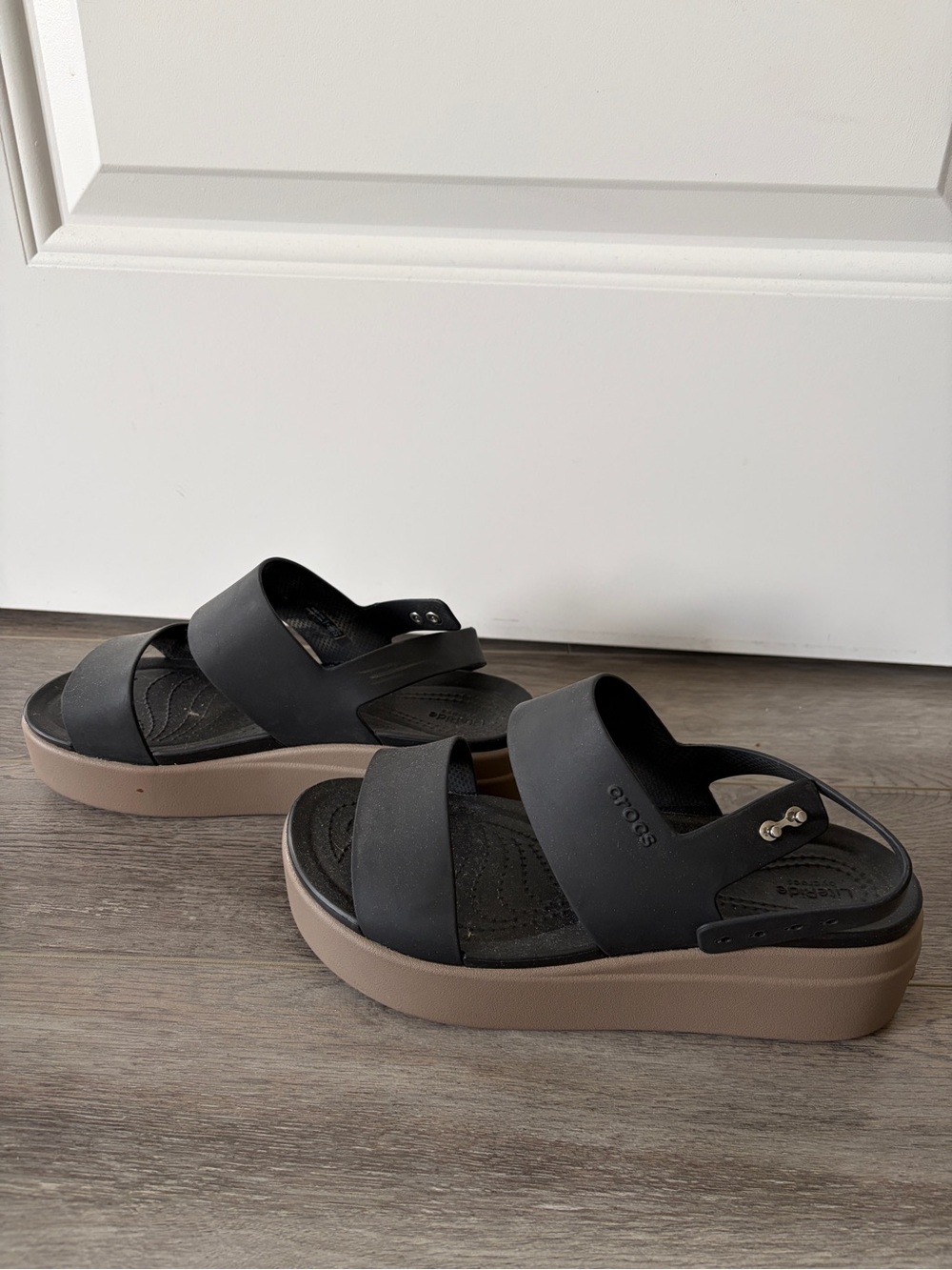 CROCS Black Sandals with Tan Platform Sole - Picture 2 of 3